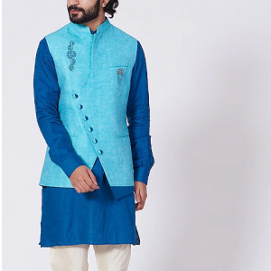 Blue Kurta Set With Bundi Jacket