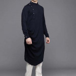 Men Navy Blue & White Self Design Pleated Kurta with Churidar & Nehru acket