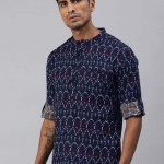 Men Navy Blue & White Ethnic Printed Cotton Linen Straight Kurta