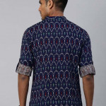 Men Navy Blue & White Ethnic Printed Cotton Linen Straight Kurta