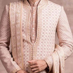 Peach Raw Silk Embroidered Sherwani Set