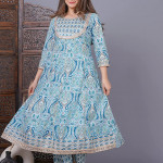 Women's Cotton Printed Anarkali Kurta with Palazzo & Dupatta Set with Handwork