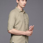 Men Khaki Slim Fit Checked Pure Cotton Casual Shirt